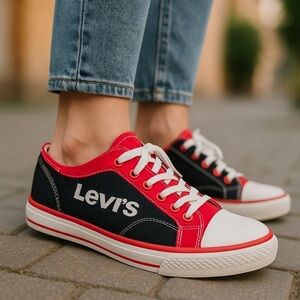 Levi’s Kids Size 6 Sneakers (10.5” X 3.5”) Canvas Upper Rubber sole EUC Red/Blk